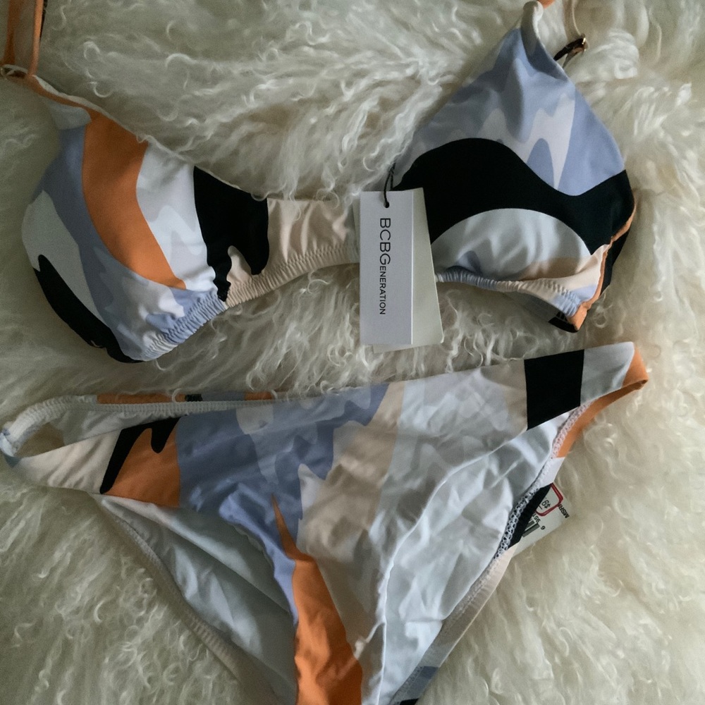 BCBGeneration White Black Orange Blue Abstract Print Bikini